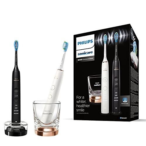 Philips Sonicare DiamondClean 9000 HX9914/57 2 Spazzolini Elettrici Sonici, Connessi all’App, con Bicchiere di Ricarica, Nero e Oro Rosa