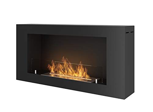 Sololed Biokominek Camino a Bioetanolo Da Parete Con Vetro Protettivo Incluso Telaio Nero Semi-Opaco In Acciaio Inox 91x44cm